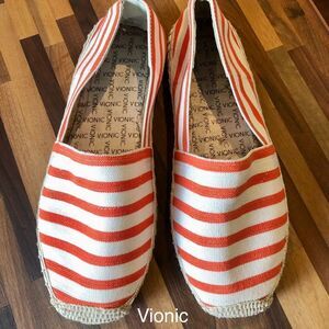 Vionic Coast Valeri Orange White Stripe Slip‎ On Espadrilles Sandals Sz 7